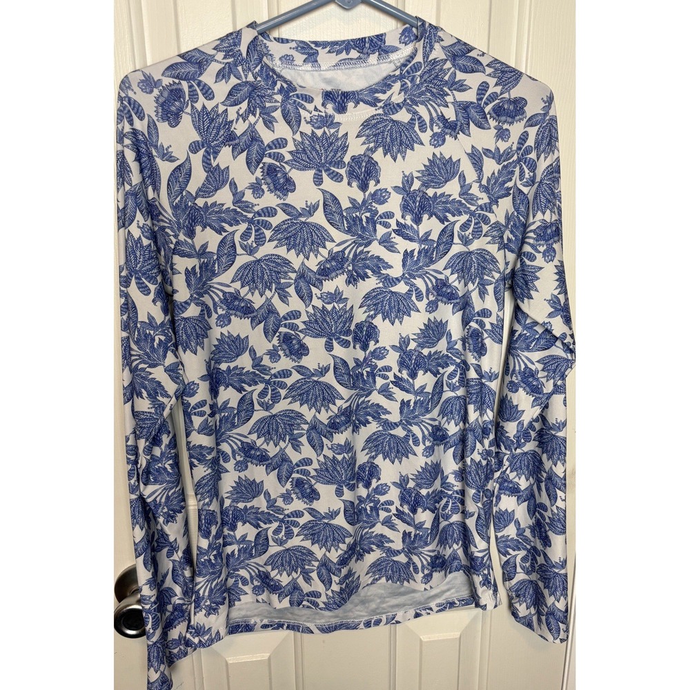 The American Outdoorsman Women Sz M Blue Floral Shirt Rash Guard Sun Protection